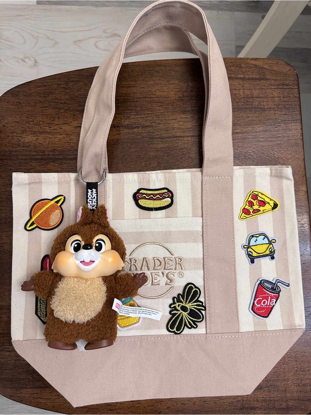 Trader Joe's Beige Patchwork Tote Bag with Plush Charm